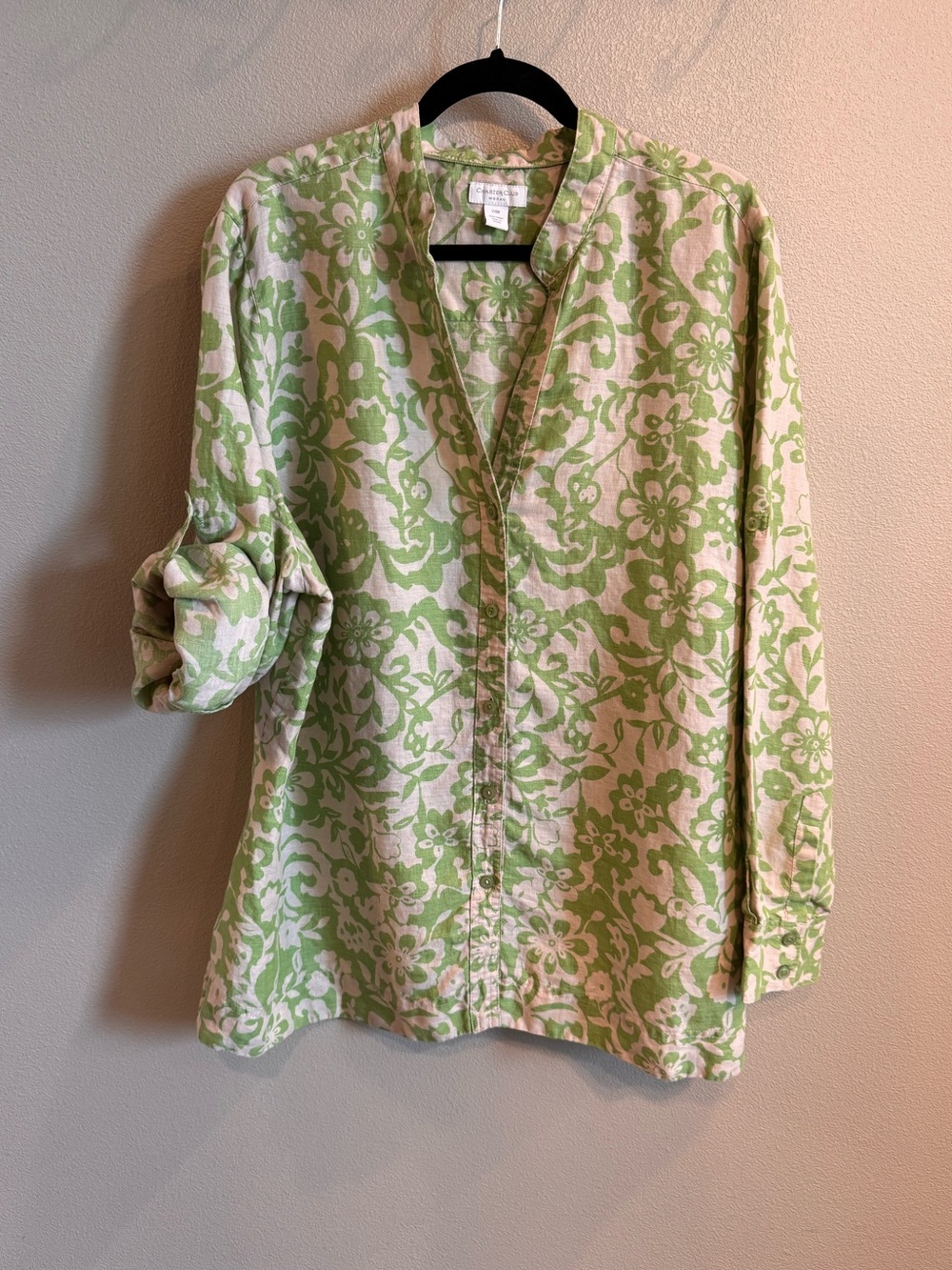 Charter Club 100% Linen Green and Cream Floral V-Neck Blouse